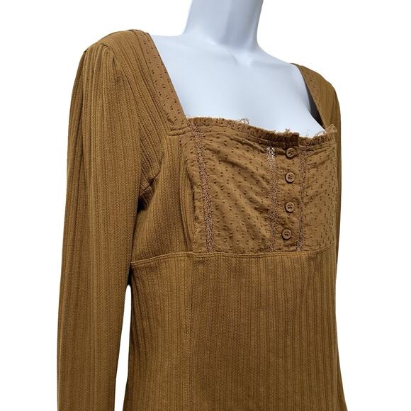 Free People Sugar Sugar Square Neck Ribbed Long Sleeve Top Size L Mustard Boho - Picture 5 of 10